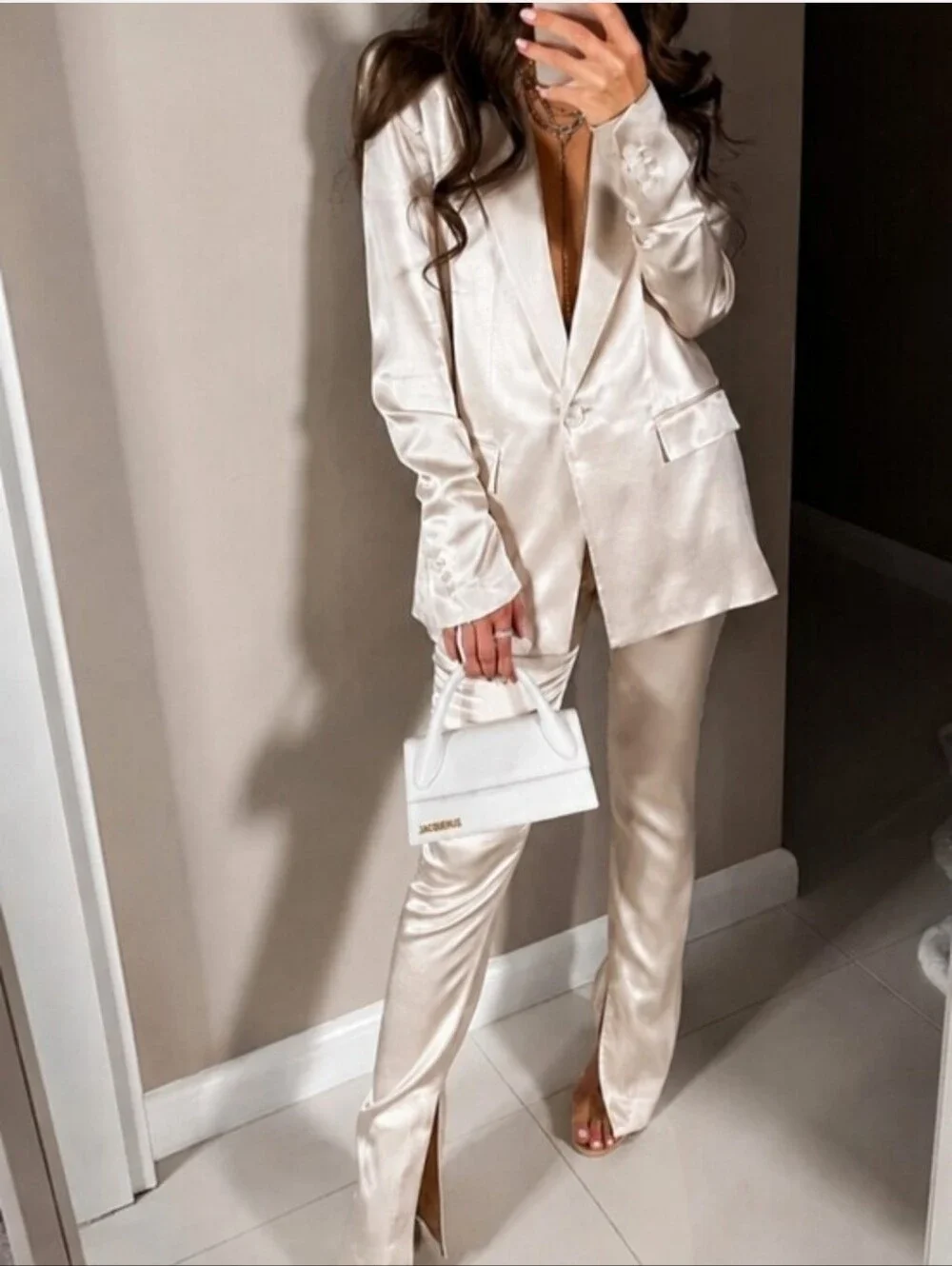 Zara Set 2 pc Matching Satin Effect Blazer and Pants Cream Size XS/S - Picture 1 of 13